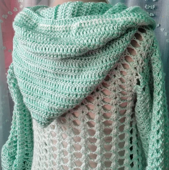 SOLD Handmade Crochet Lace Pineapple Stitch Fairy Hooded Jacket Cardigan Blue - Picture 2 of 5